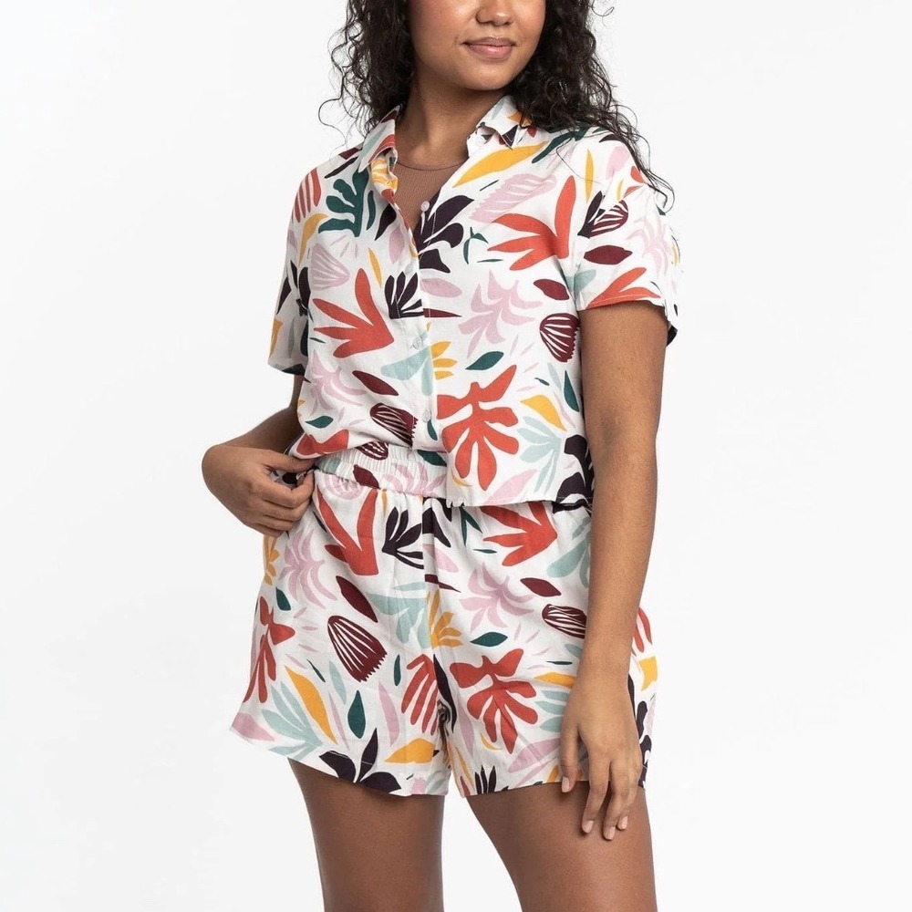 Gyal Bashy Pajama Set Tropical‎ Ridley Button Up Shirt & Rio Shorts Size Medium